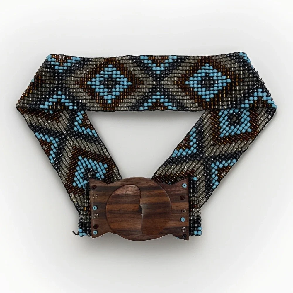 Vintage Handmade Glass Beaded Stretch Belt Wooden Interlocking Hook Buckle Boho